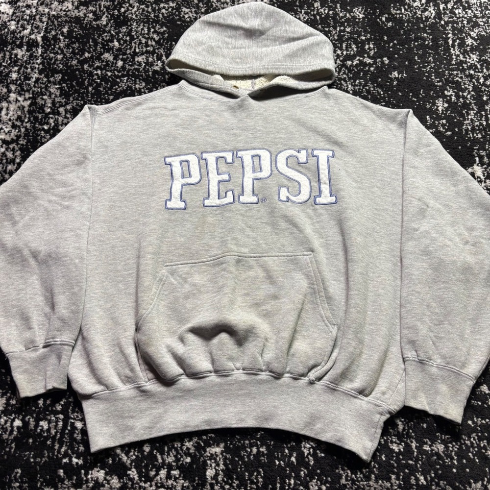 Vintage Pepsi Hoodie Gray Chenille Logo Pullover Sweatshirt Mens XL Heavyweight - Picture 1 of 6